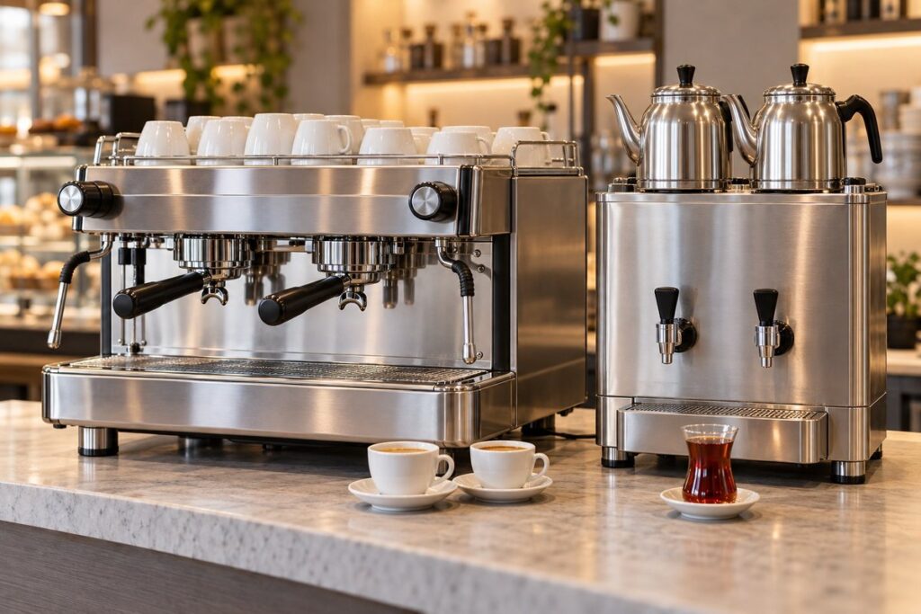 Kafe tezgahında profesyonel espresso makinesi ve Türk çay makinesi
