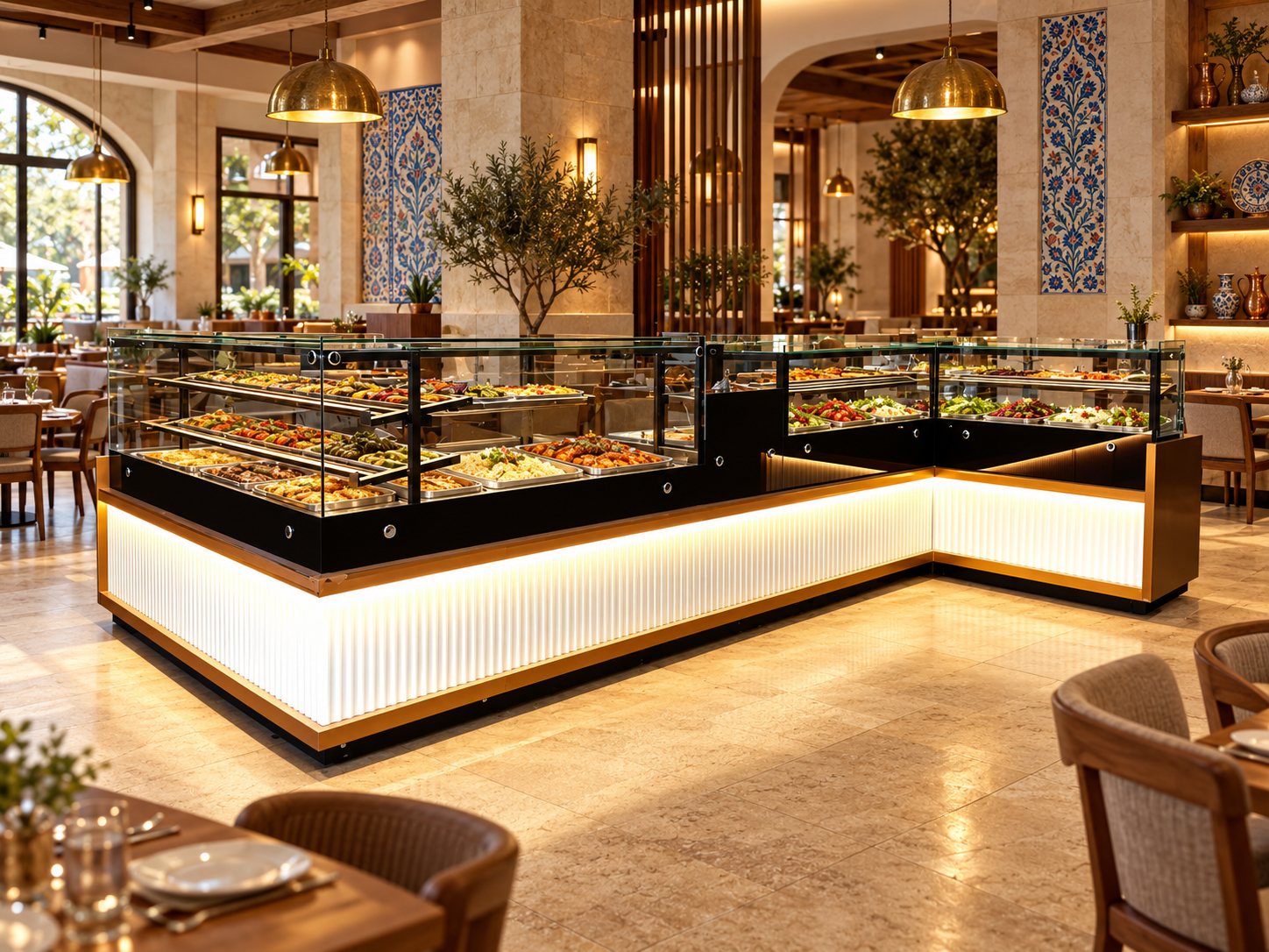Restoranda aydınlatmalı tezgahlı, cam korumalı self servis ve açık büfe hattı