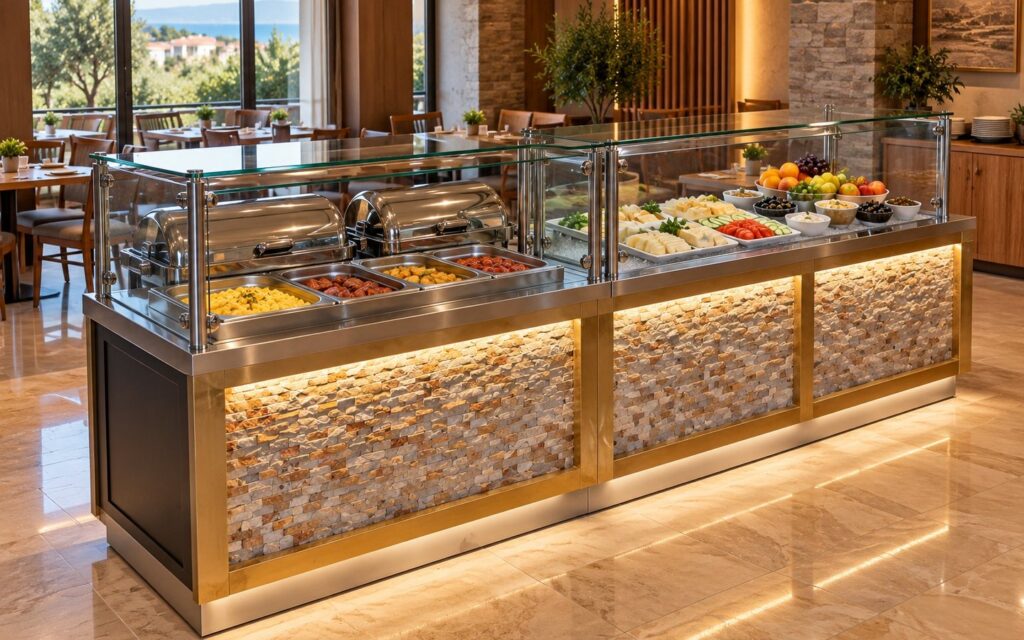 Otel restoranında sıcak ve soğuk servis üniteli açık büfe
