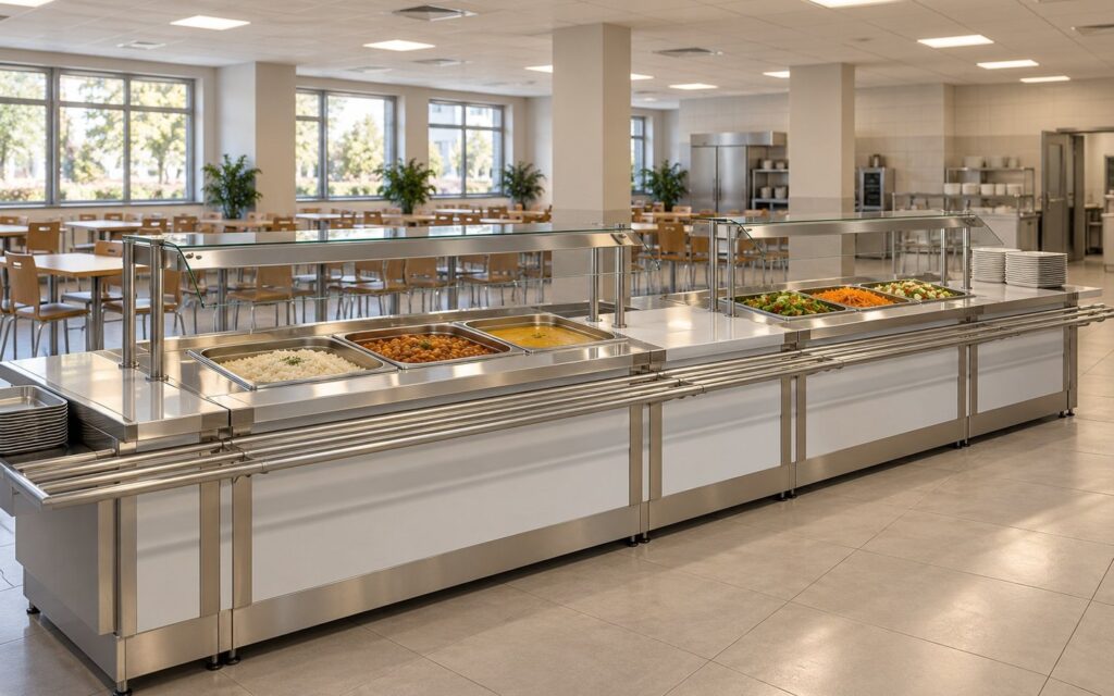 Kurumsal yemekhanede cam koruyuculu self servis hattı ve yemek masaları