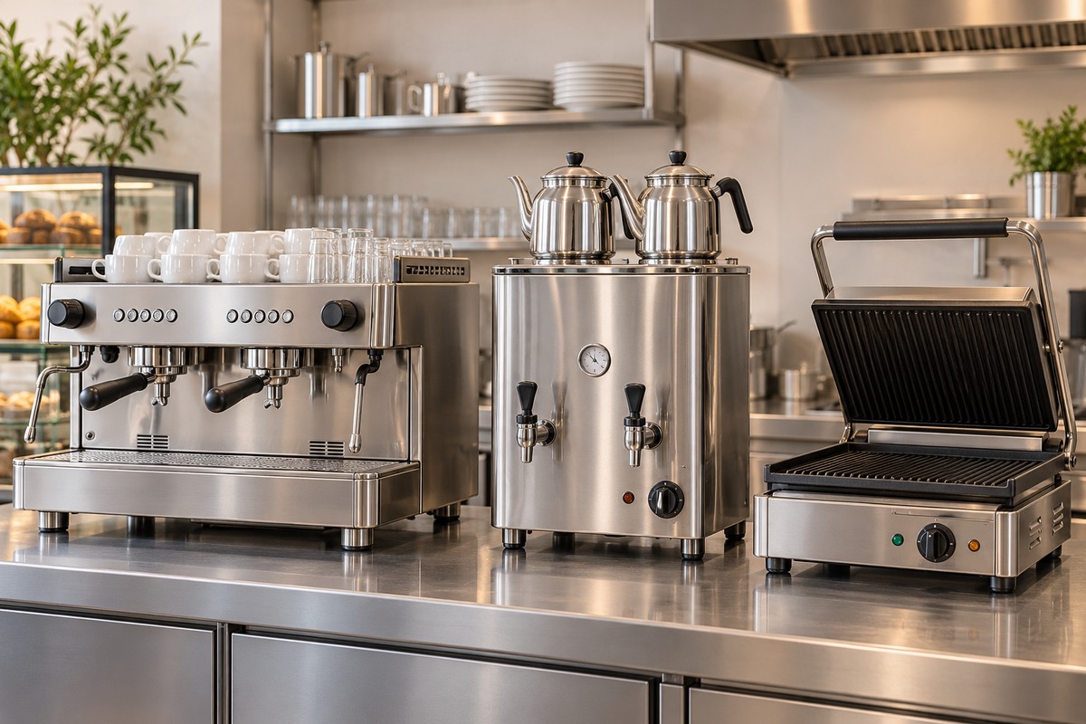 Kafe tezgahında espresso makinesi, çay makineleri ve tost makinesi