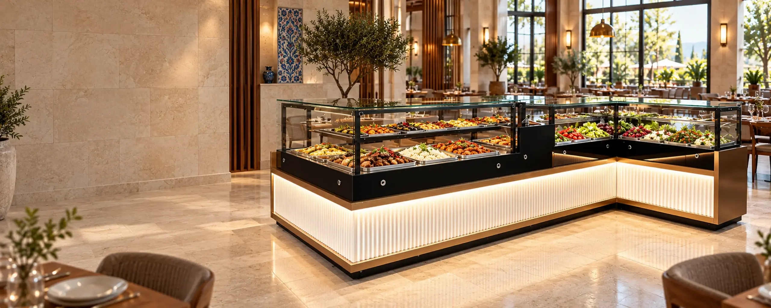 Cam koruyuculu, aydınlatmalı self servis ve açık büfe ünitesi